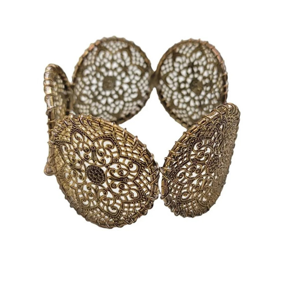 Filigree Gold Tone Medallion Vintage Metal Cuff Bracelet 1.75" Wide Boho - Picture 3 of 5